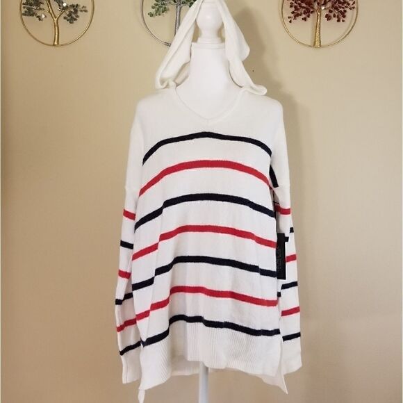 Rachel Zoe White Hoodie w Blue Red Stripes M NWT! - Picture 1 of 6